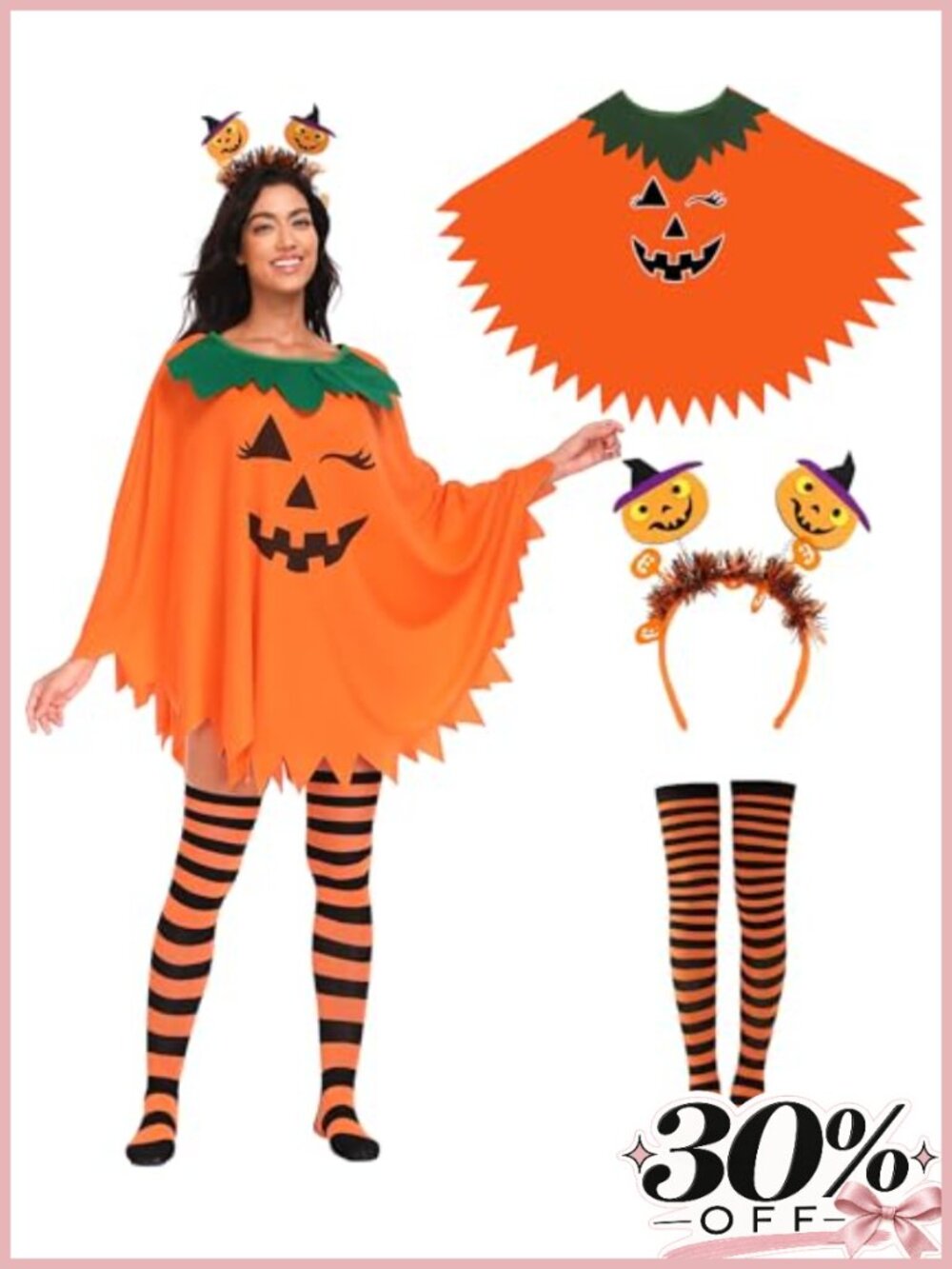 3 Pc Halloween Pumpkin Costume Set Poncho Headband Knee High Socks One Size